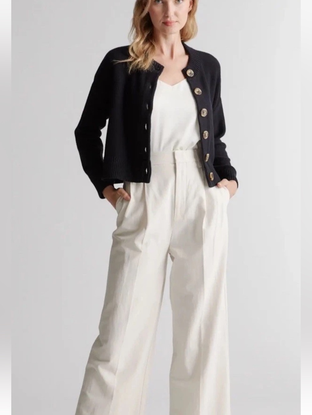 QUINCE 100% Organic Cotton Cropped Cardigan Black Size XL Extra Large - Picture 2 of 5